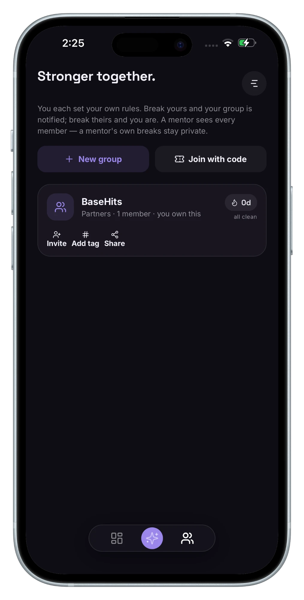 Rezyn groups screen with options to create a new group or join with a code, and a group showing its clean-day streak