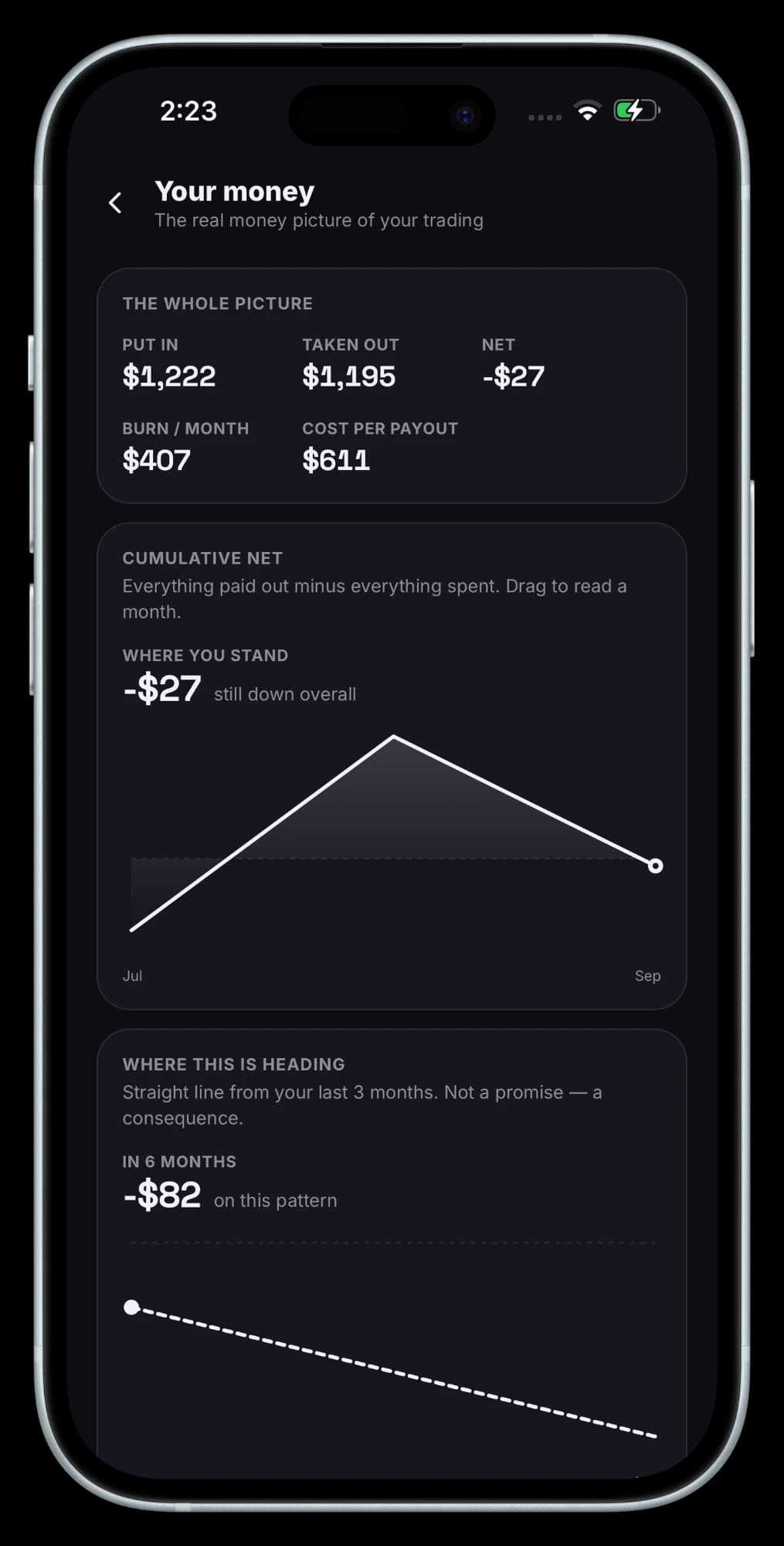 Rezyn money screen showing money put in, taken out, net result, monthly burn, cost per payout and a six-month projection
